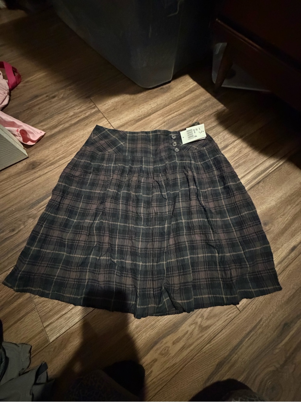 CAbi Dark Green and Brown Plaid Midi Skirt